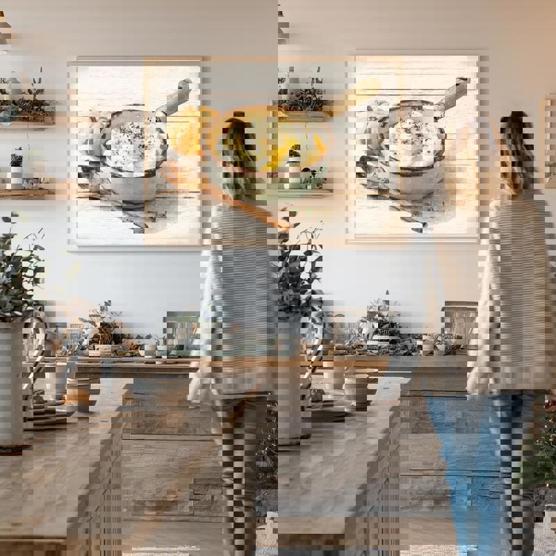 Vintage enamel bowl with mashed potatoes canvas print, farmhouse style kitchen wall decor in neutral palette, portrait