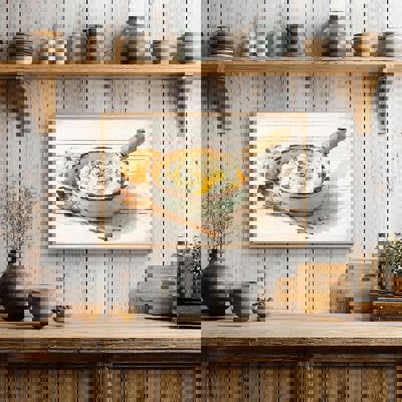 Vintage enamel bowl with mashed potatoes canvas art for Thanksgiving dining nook decor, soft shadows and cozy country feel