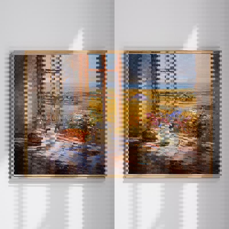 Autumn cottage window canvas, rustic farmhouse kitchen wall decor with warm fall leaves and stone sill, landscape orientation | Family Wall Decor