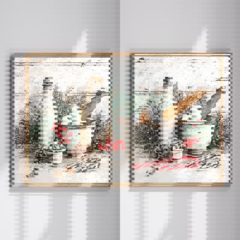 Christmas kitchen canvas wall art with fresh milk and eggs on counter, cozy holiday scene, landscape, kitchen wall decor | Family Wall Decor