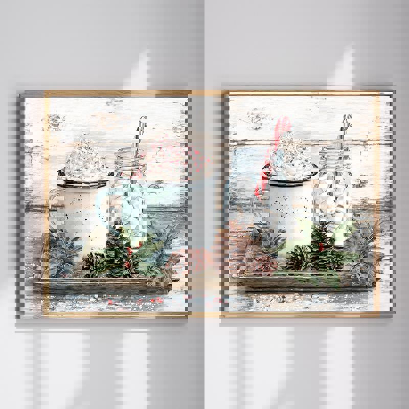 Festive farmhouse hot cocoa station canvas wall art for kitchen decor, rustic wood sign with mugs, marshmallows and candy canes | Family Wall Decor