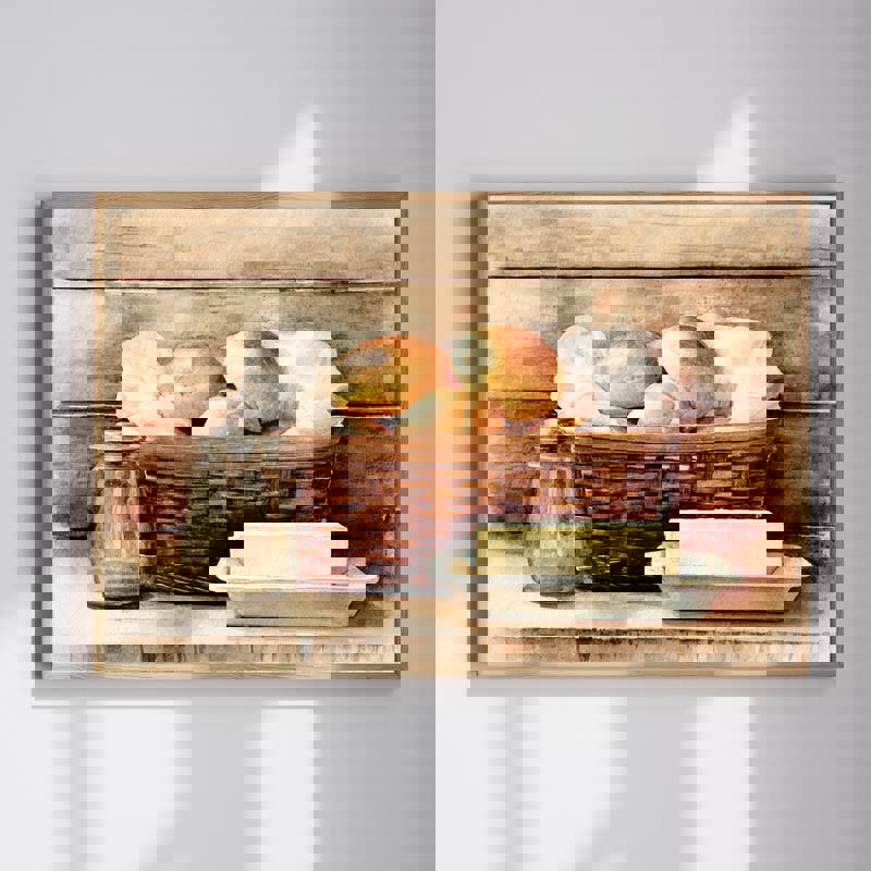 Fresh bread rolls watercolor canvas, warm autumn tones for cozy kitchen wall art, rustic bakery still life, landscape | Family Wall Decor