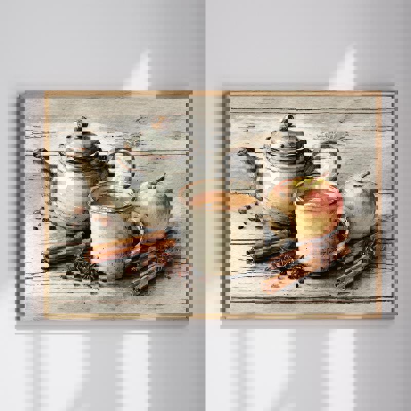 Hot apple cider watercolor canvas wall art for rustic kitchen decor with steaming mug, cinnamon sticks, and red apples | Family Wall Decor