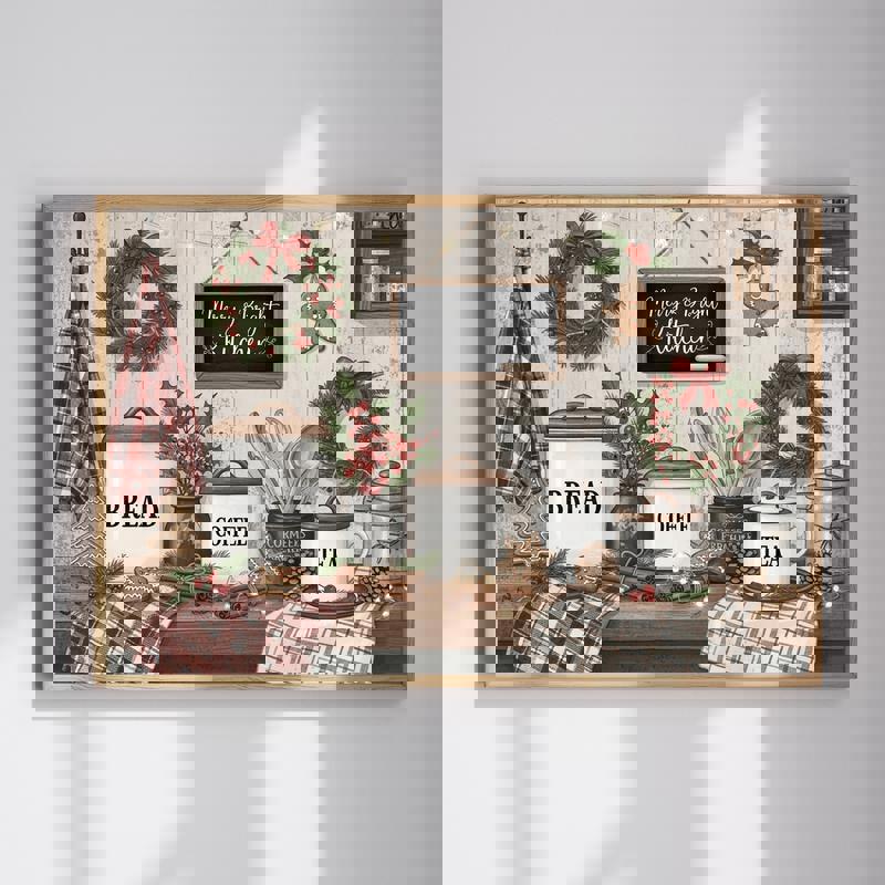 Merry & Bright In The Farmhouse kitchen decoration canvas, rustic wood backdrop, white script, greenery accents, landscape | Family Wall Decor