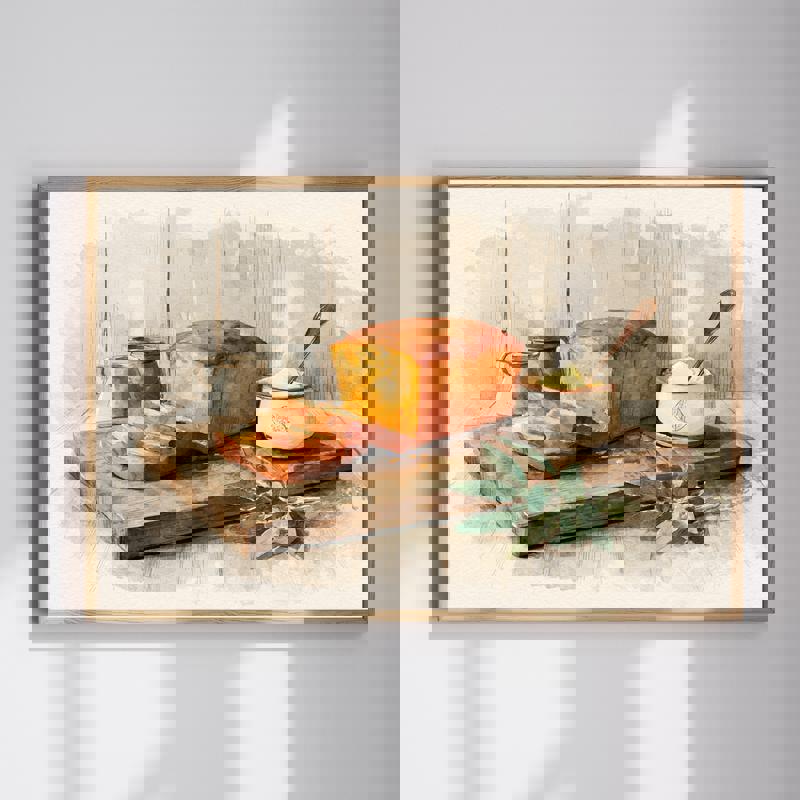 Pumpkin bread canvas wall art on a rustic cutting board, cozy autumn farmhouse kitchen decor with warm, homey charm | Familywalldecor