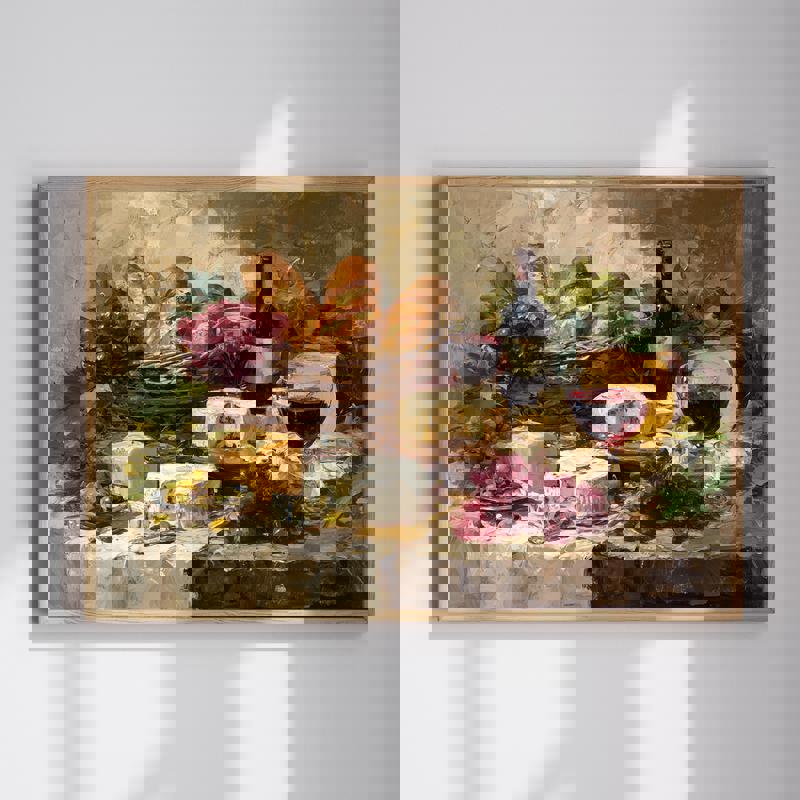 Tuscan evening wine kitchen decoration canvas with vineyard sunset, wine bottle and grapes, autumn tones for Thanksgiving | Family Wall Decor