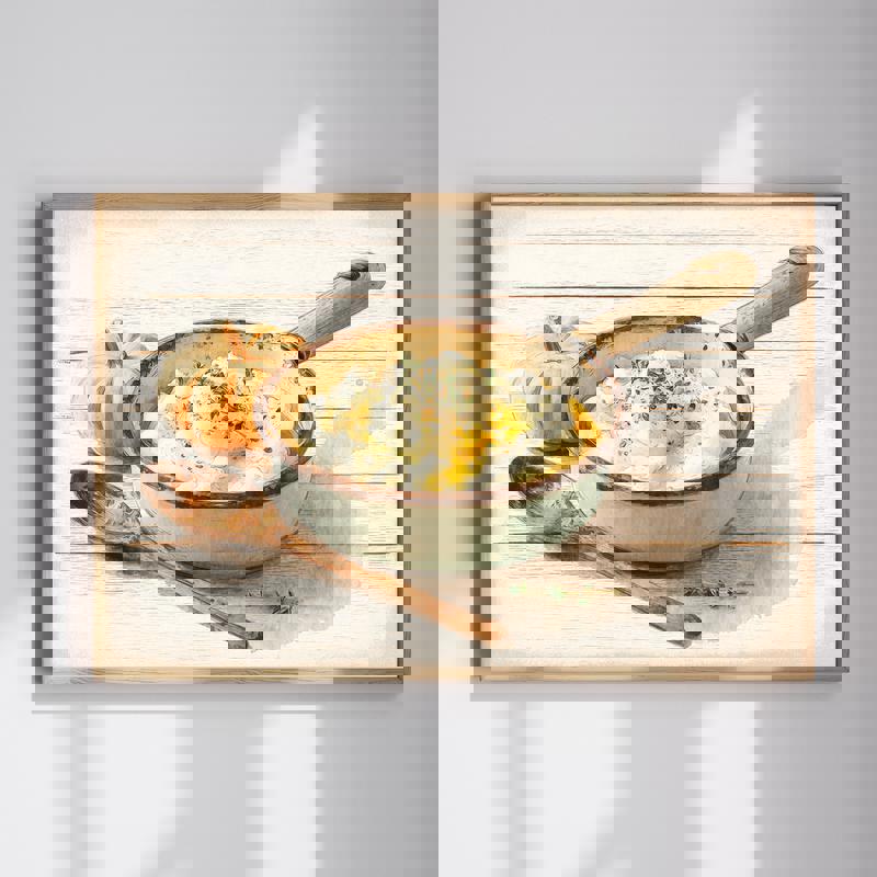 Vintage enamel bowl with mashed potatoes canvas for rustic Thanksgiving kitchen decor, warm autumn tones, landscape view | Family Wall Decor