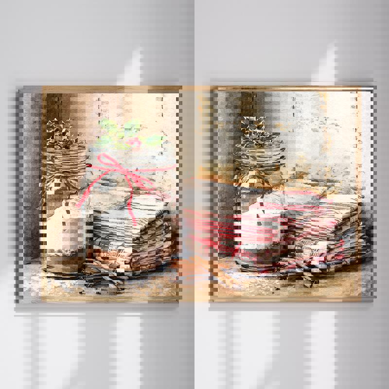 Vintage glass jar canvas wall art with bow, red berries, and pine on a wooden shelf, rustic holiday kitchen decor, portrait | Family Wall Decor