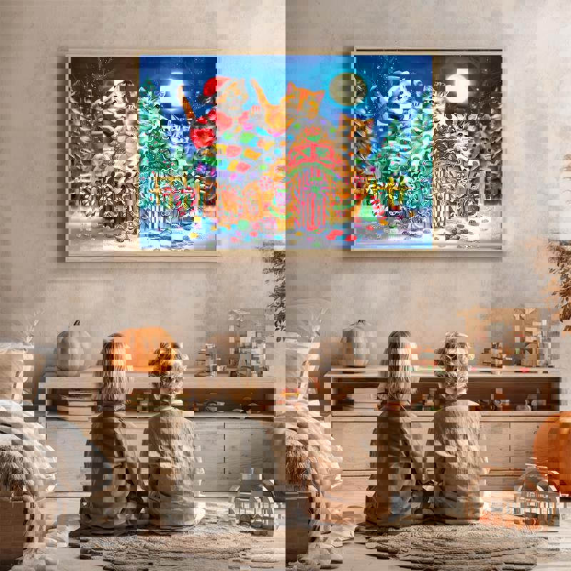 Gingerbread house whimsical cat canvas wall art for children's holiday bedroom decor, charming festive scene for cozy spaces