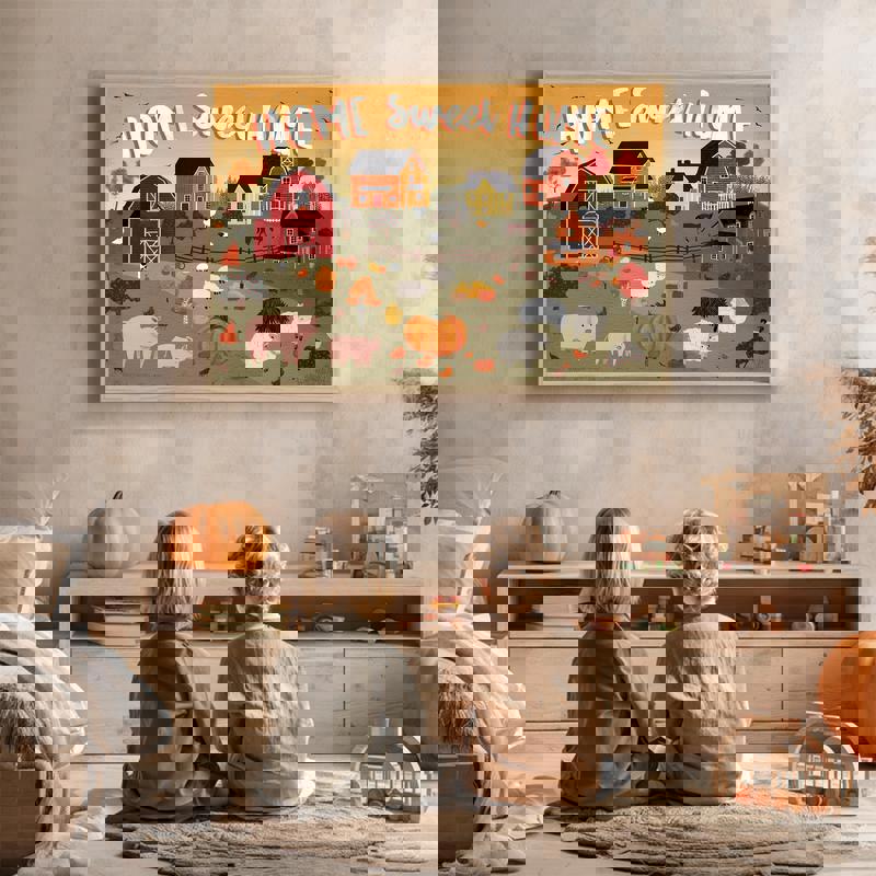 Harvest village canvas print with welcoming 'Home Sweet Home' phrase, playful cottages and warm autumn hues for kids' bedroom Harvest village canvas print with welcoming 'Home Sweet Home' phrase, playful cottages and warm autumn hues for kids' bedroom