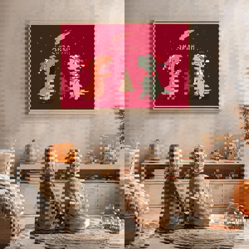 Merry Extinction winter decor canvas for kids, cute dinos in Santa hats beneath an incoming asteroid, whimsical nursery art