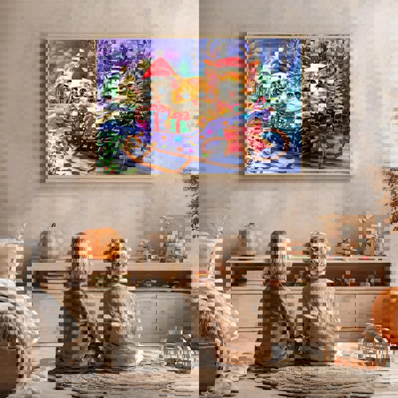 Playful kittens in a festive sleigh canvas for children's room, indoors with Christmas tree, string lights and gifts