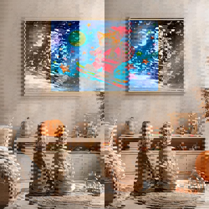 Skiing Cat Santa canvas, vertical print of whiskered Santa cat racing past pines, festive winter wall art for kids' room