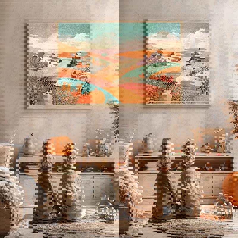 Collage-style sunburst mountains canvas, square format, soft pastel palette for kids’ room decor, serene holiday landscape