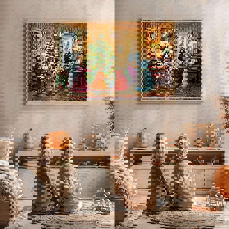 Vintage Rabbit Family Christmas canvas, storybook style for playroom, muted red-green palette, fireplace hearth, square