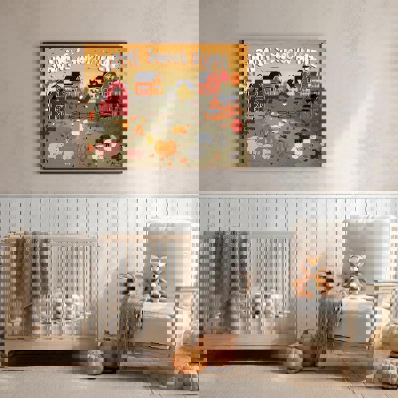 Harvest village canvas wall art, 'Home Sweet Home' theme in rustic, cozy style with charming houses, perfect for kids' room decor Harvest village canvas wall art, 'Home Sweet Home' theme in rustic, cozy style with charming houses, perfect for kids' room decor