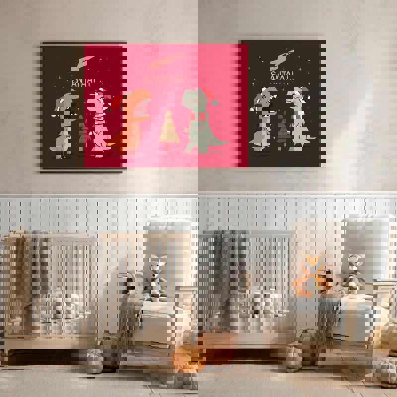 Merry Extinction dinosaur Christmas wall art canvas, red and green palette, fun playroom decor with snowflakes and cheeky pun