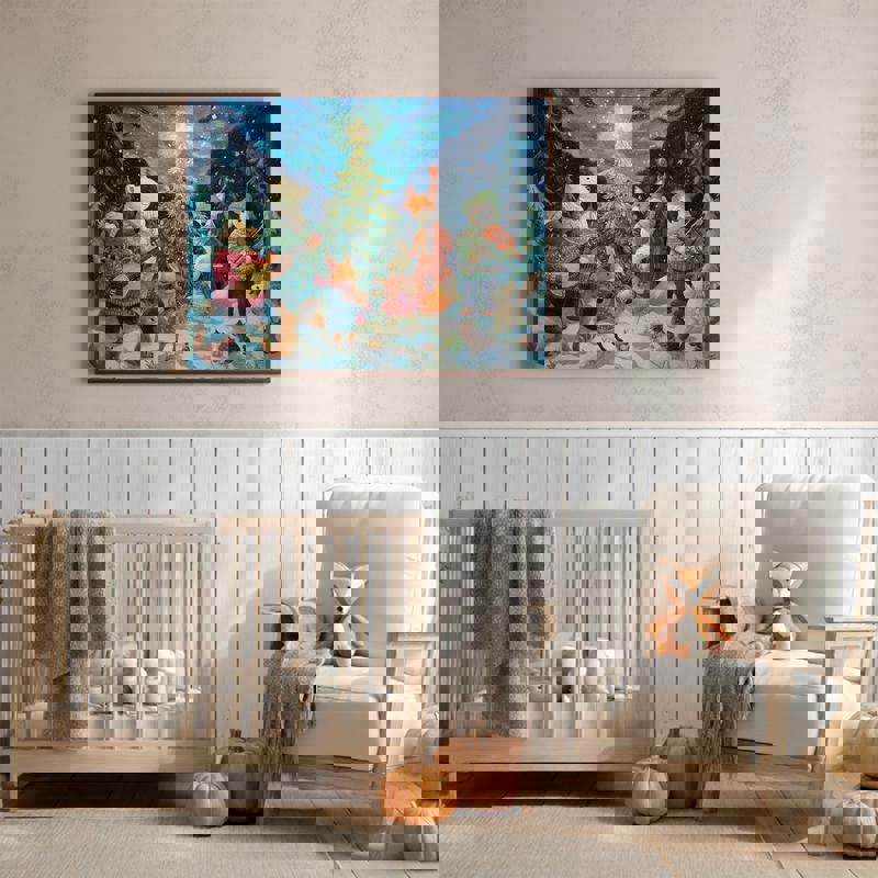 O Joyous Night kids' room canvas wall art, whimsical holiday design with festive icons and bold colors, landscape O Joyous Night kids' room canvas wall art, whimsical holiday design with festive icons and bold colors, landscape