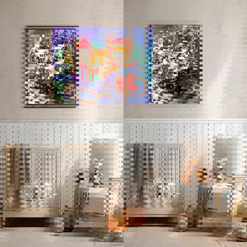 Playful kittens in a festive sleigh canvas for nursery decor, pastel tones, starry night sky with snowflakes and lantern glow