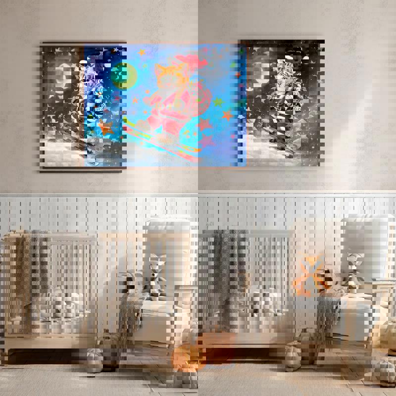 Skiing Cat Santa canvas, cat in red coat and green scarf gliding downhill, cute holiday wall decor for kids' bedroom