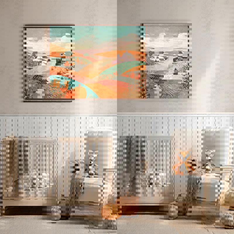 Sunburst mountains collage landscape canvas, panoramic orientation in earthy neutrals for kids’ playroom decor