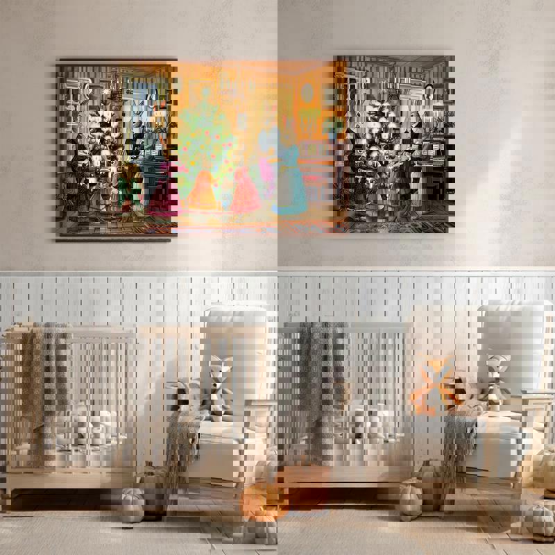 Vintage Rabbit Family Christmas canvas, charming night snowfall for kid’s bedroom, soft brushwork, landscape orientation