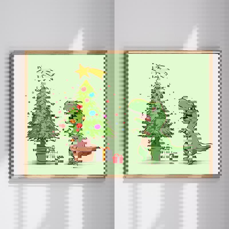 Funny T-Rex Christmas Tree canvas wall art with twinkling lights and ornaments, playful holiday decor for kids' room. | Family Wall Decor