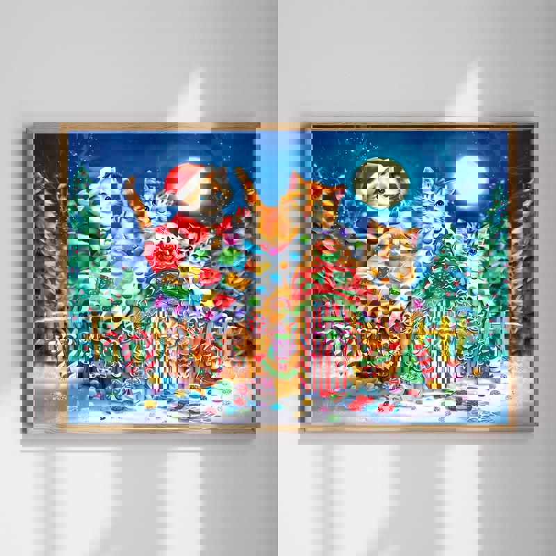 Whimsical cat gingerbread house canvas wall art for kids' room holiday decor, illustration with candy and snow | Family Wall Decor