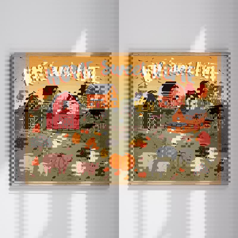 Harvest village canvas wall art with 'Home Sweet Home' lettering, cozy autumn houses in warm tones for kids' room decor Harvest village canvas wall art with 'Home Sweet Home' lettering, cozy autumn houses in warm tones for kids' room decor