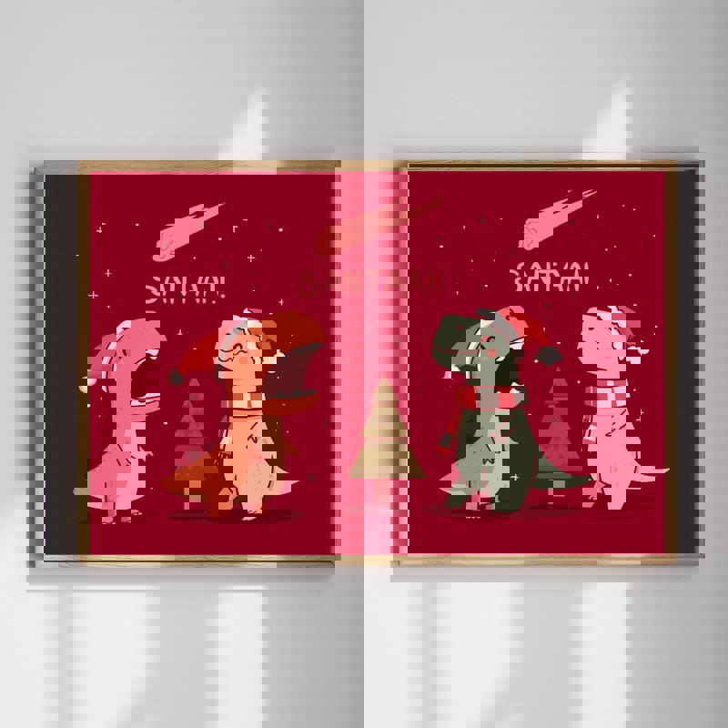 Merry Extinction dinosaur Christmas kids' room canvas wall art with festive dinos and a falling meteor in snowy holiday scene | Family Wall Decor