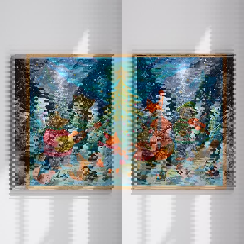 O Joyous Night canvas wall art for kids' room, whimsical holiday night scene with stars and moon, navy palette, landscape | Family Wall Decor