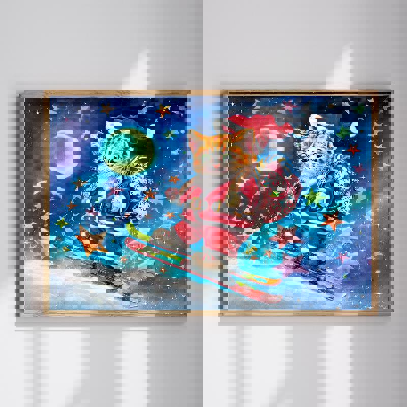 Skiing Cat Santa canvas wall art shows a red-suited cat on skis in falling snow, playful holiday decor for kids' room | Family Wall Decor
