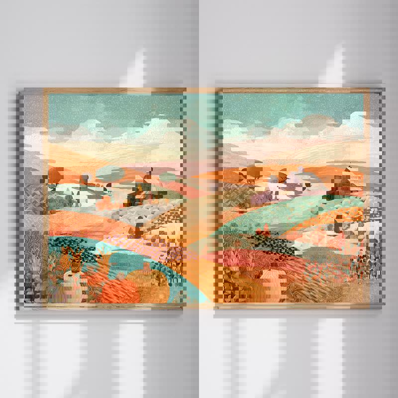 Sunburst mountains collage landscape canvas for kids’ room decor, tranquil pastel tones and subtle layered texture | Family Wall Decor