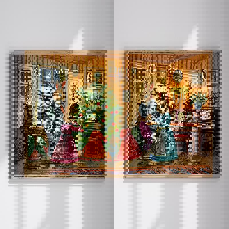 Vintage Rabbit Family Christmas canvas, cozy storybook scene for kid’s room, pastel tones, with twinkling tree, portrait