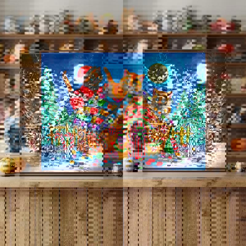 Whimsical cat and gingerbread house holiday canvas, playful kids' room wall decor with bright colors and cozy winter theme