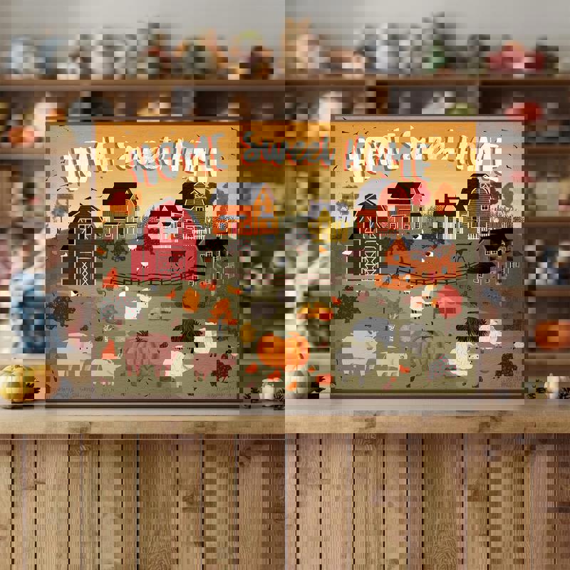 Harvest village canvas featuring 'Home Sweet Home' text, whimsical storybook houses and fall palette, ideal for kids' room decor Harvest village canvas featuring 'Home Sweet Home' text, whimsical storybook houses and fall palette, ideal for kids' room decor