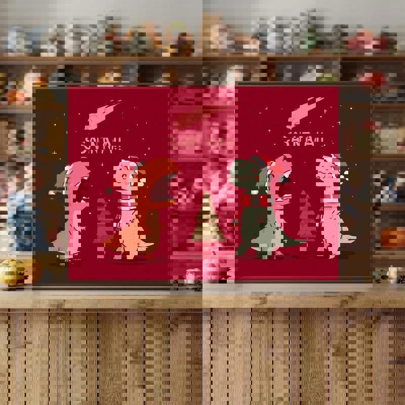 Merry Extinction dinosaur holiday canvas for kids' room, playful cartoon style, landscape layout with snow and comet glow