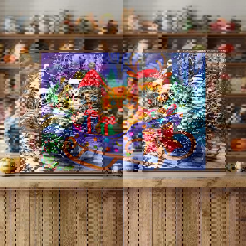 Playful kittens in a festive sleigh canvas for kids' room, green sleigh, Santa hats, snowy pines and candy canes