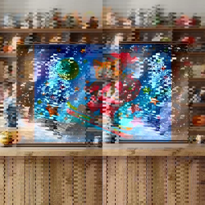 Skiing Cat Santa canvas in watercolor, cat in red suit carving slopes under starry night, kids' room holiday decor