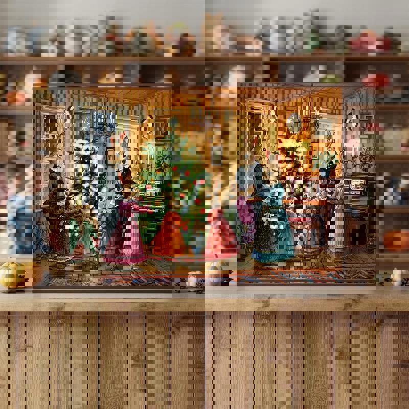 Vintage Rabbit Family Christmas canvas for nursery decor, rabbit parents and kits near holiday tree, watercolor, landscape