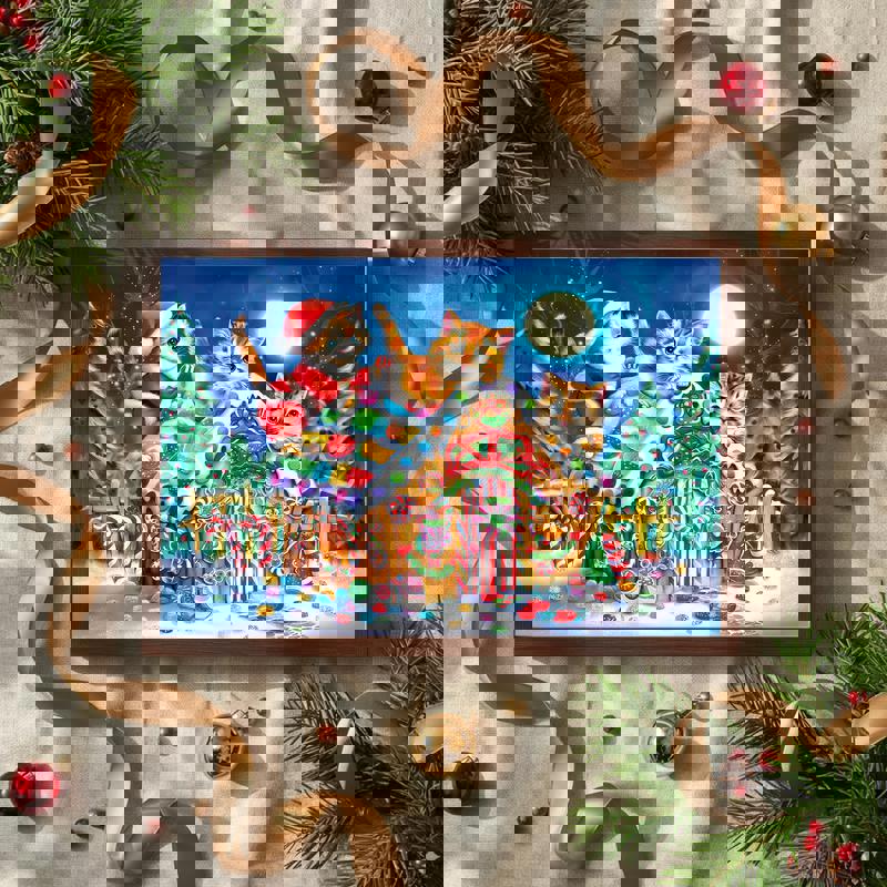 Gingerbread house cat holiday canvas wall art for playroom decor, cheerful kids' illustration with sweet candy details