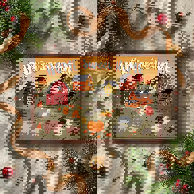 Harvest village canvas decor showcasing 'Home Sweet Home' wording, cheerful neighborhood scene in warm fall tones for kids' room Harvest village canvas decor showcasing 'Home Sweet Home' wording, cheerful neighborhood scene in warm fall tones for kids' room