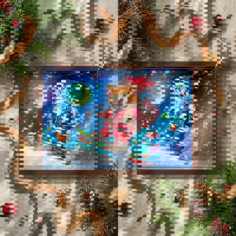 Skiing Cat Santa canvas, cartoon-style kitty Santa on bright skis with snowy trees, merry seasonal decor for kids' room