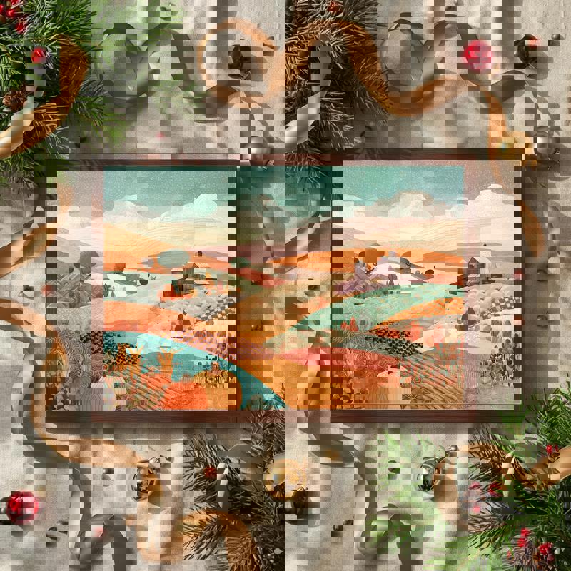 Tranquil sunburst mountain landscape on gallery-wrapped canvas, collage texture, kids’ room art, charming baby shower gift