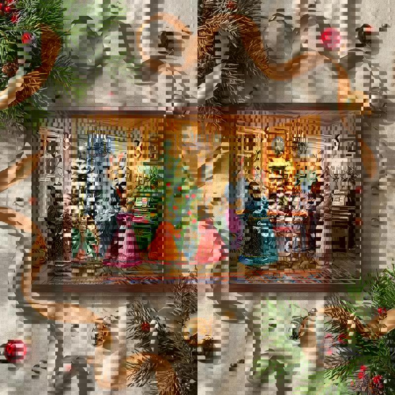 Vintage Rabbit Family Christmas canvas, gift for child’s room, cozy hearth and stockings, storybook palette, portrait