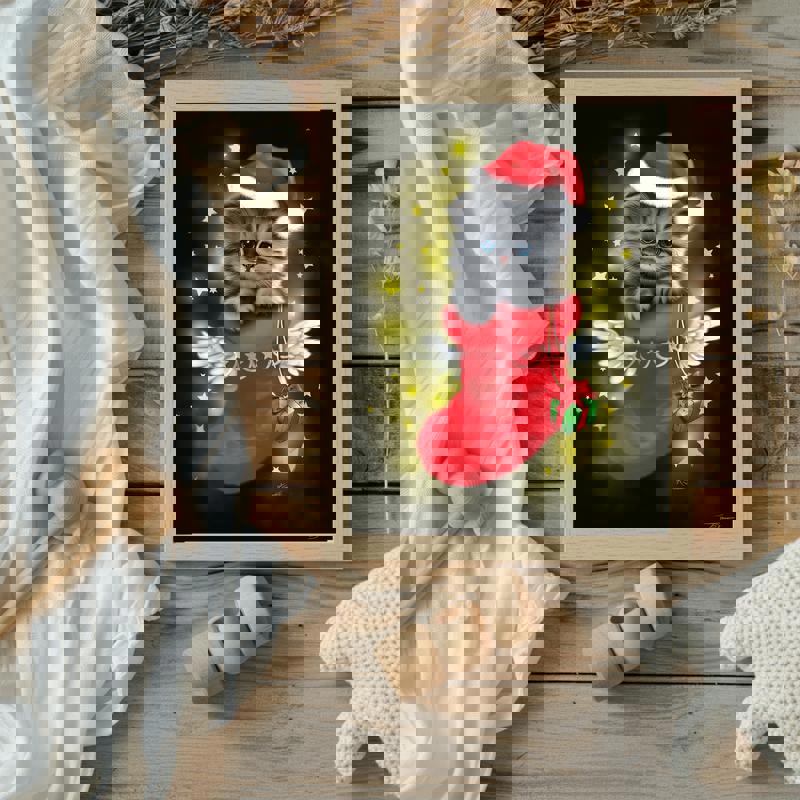 Angel Santa cat memorial canvas, watercolor style, blue night sky and twinkling stars, sweet nursery wall decor