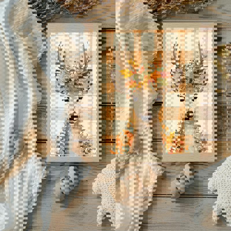 Festive farmhouse deer canvas print with autumn leaves, rustic palette, charming wall decor for kids' bedroom.