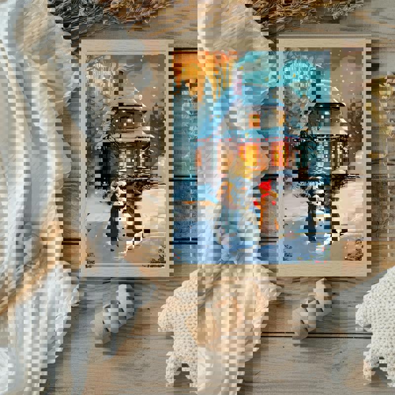 Build a Snowman canvas print, portrait, pastel pink accents and snowflakes, festive holiday decor for a girl's room