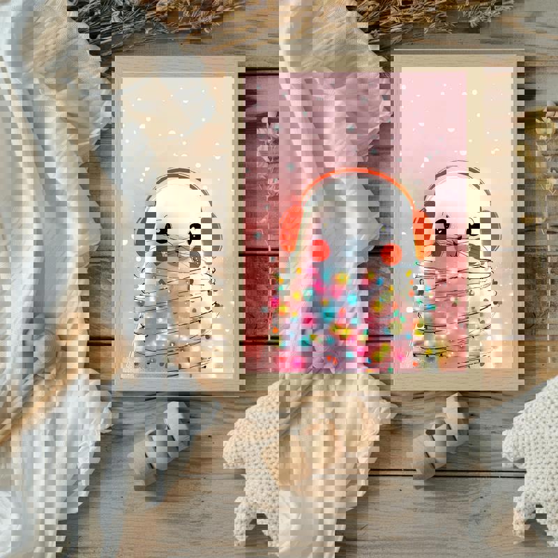 Christmas seal canvas, kawaii landscape holding a candy cane, red scarf, pastel sky; nursery wall art for kids room