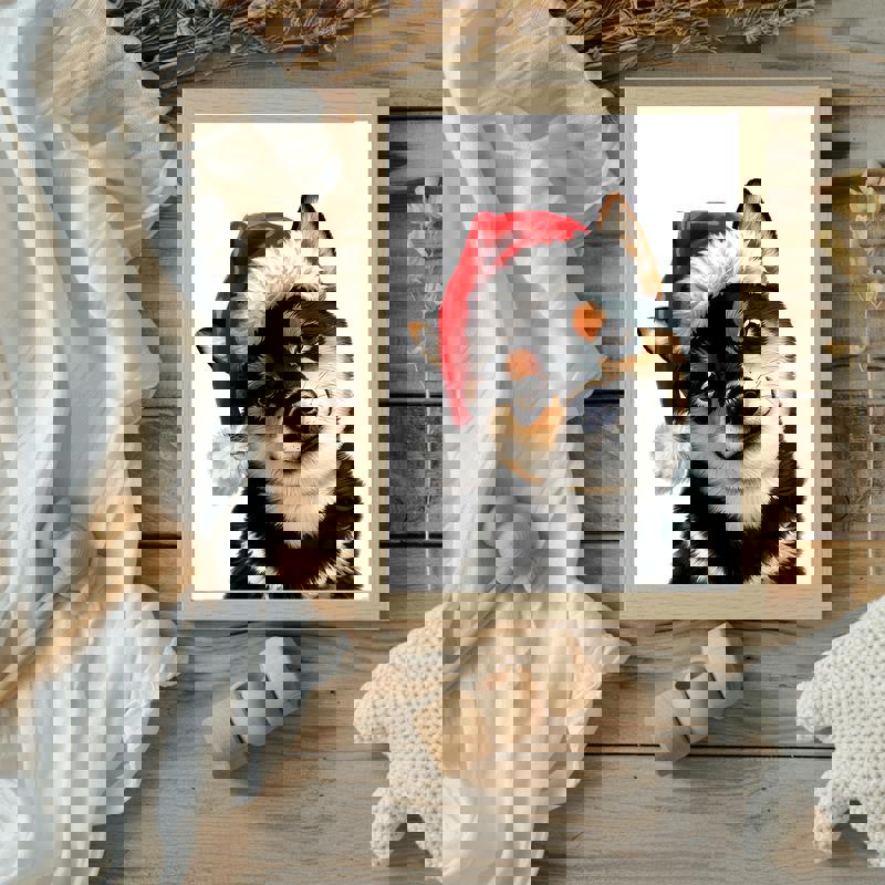 Christmas Black Shiba Inu Santa canvas, full-body pup with gift sack and snowflakes, playful portrait for kids' room